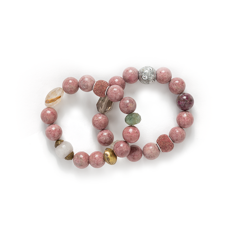 Rhodonite and Ritualized Quartz Kashmir Beaded Bracelet