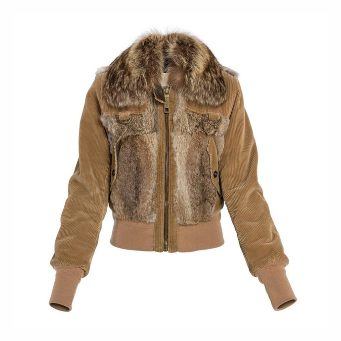 Dolce & Gabbana Corduroy Bomber Jacket with Raccoon and Rabbit Fur Tan