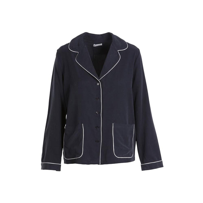 Trimmed Dark Blue  Silk Button Down