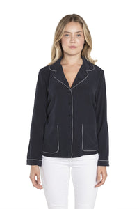 Trimmed Dark Blue  Silk Button Down